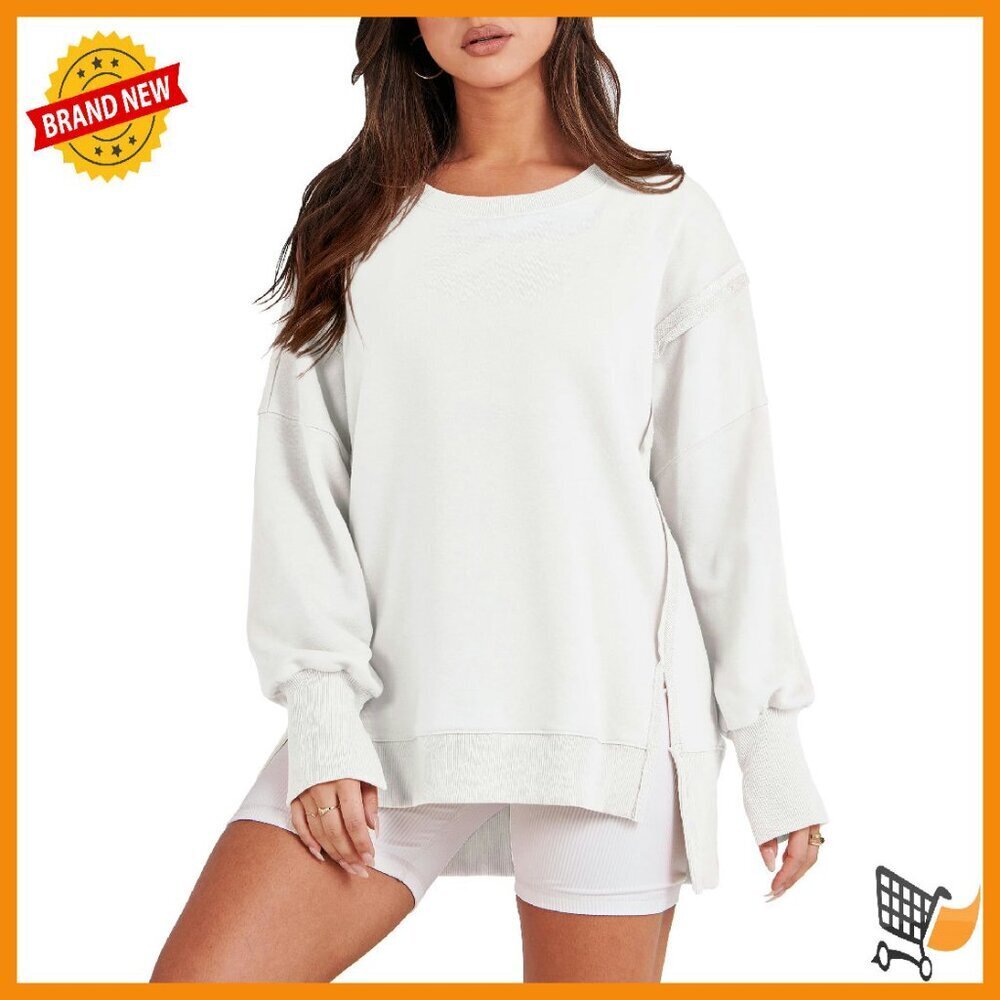 Oversized Crewneck Sweatshirt Long Sleeve Side Slit Loose Fit